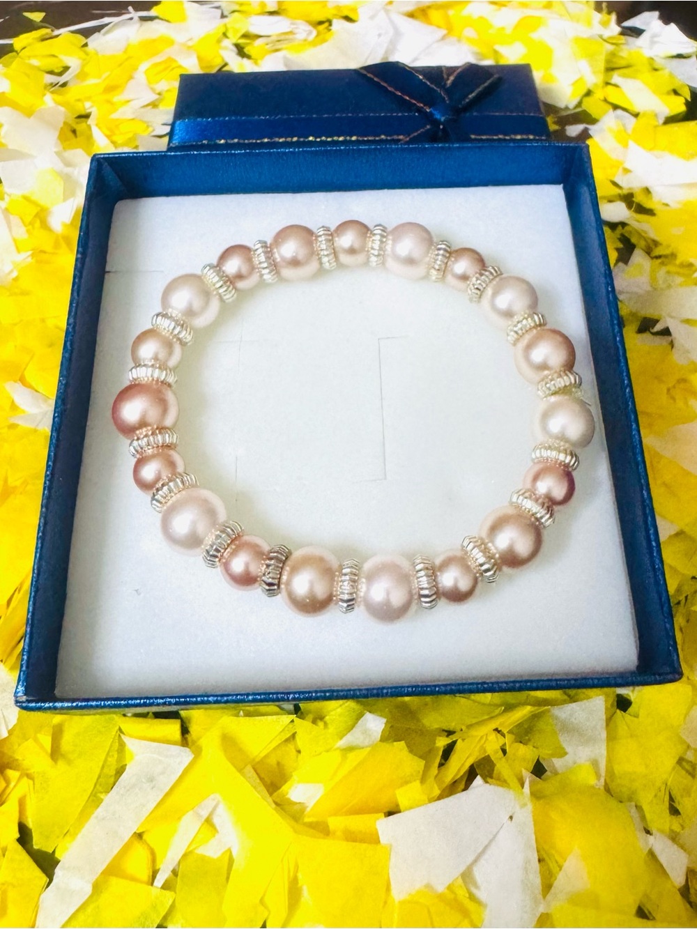 Elegant Pink and Cream Pearl Stretch Bracelet with Silver Accents